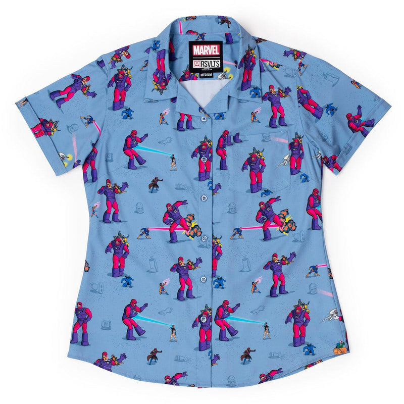 RSVLTS Night of the Sentinels Women's KUNUFLEX Short Sleeve Shirt in Blue — front view