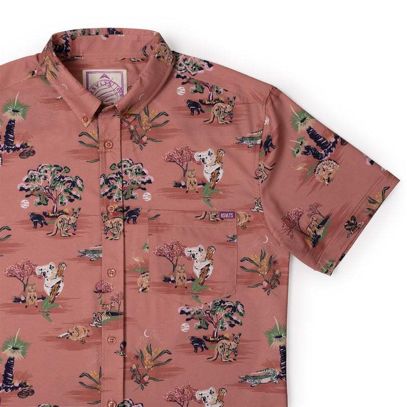 RSVLTS Land Down Under KUNUFLEX Short Sleeve Shirt in Brown — front view