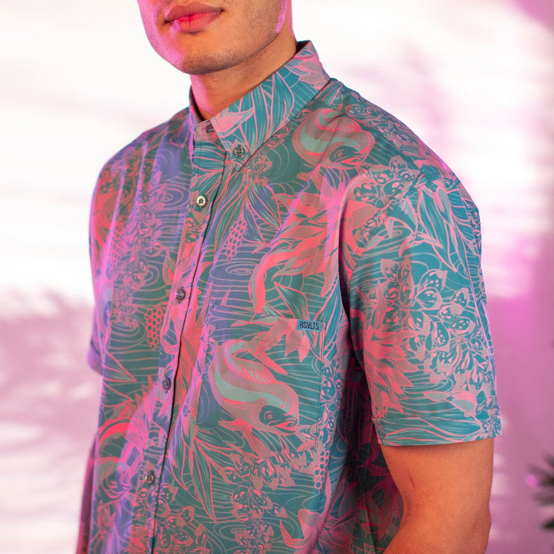RSVLTS They Are What’s Called a Trophy Fish KUNUFLEX Short Sleeve Shirt in Green — detail 2