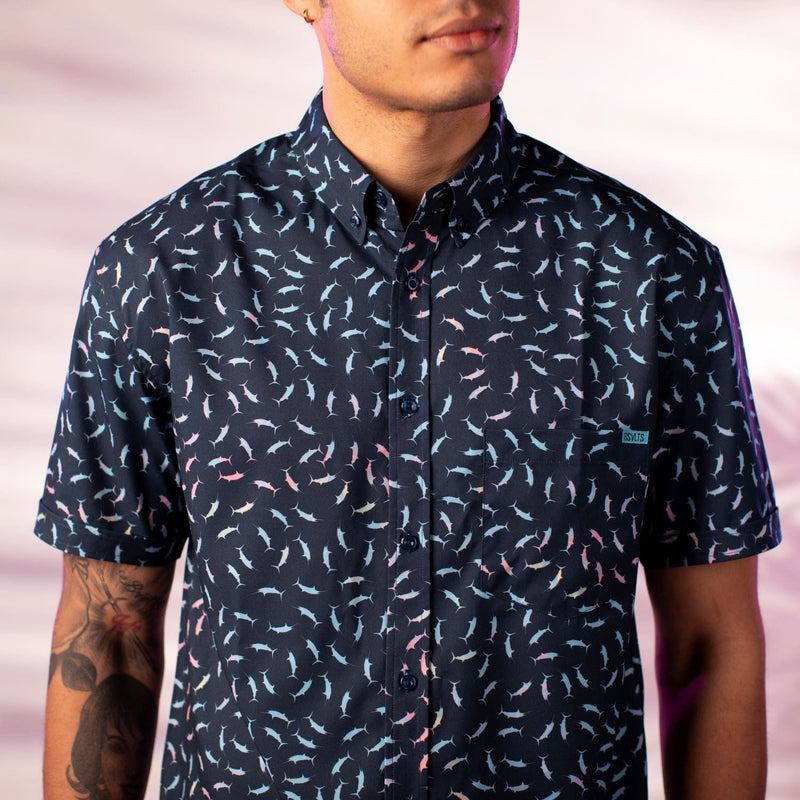 RSVLTS Swords for 400 KUNUFLEX Short Sleeve Shirt in Blue — front view
