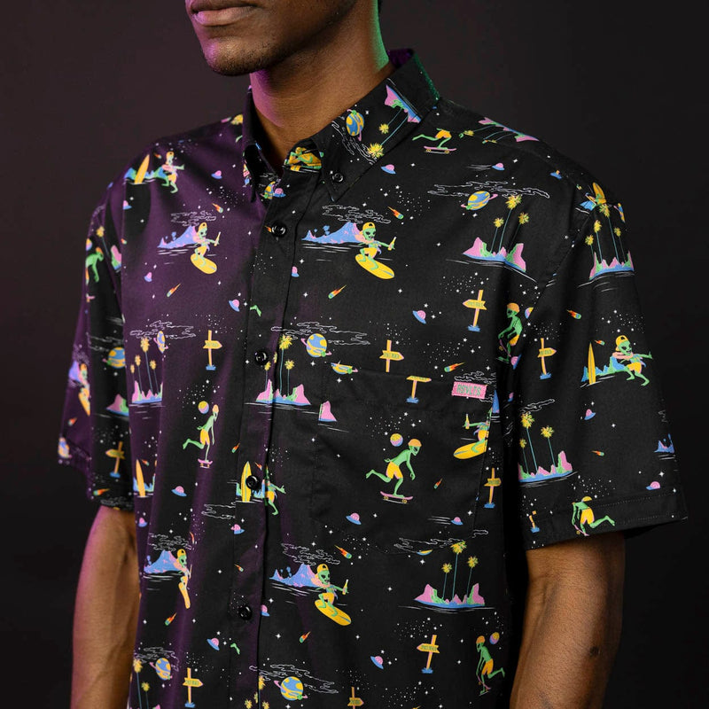 RSVLTS Space Beach KUNUFLEX Short Sleeve Shirt in Black — detail 4
