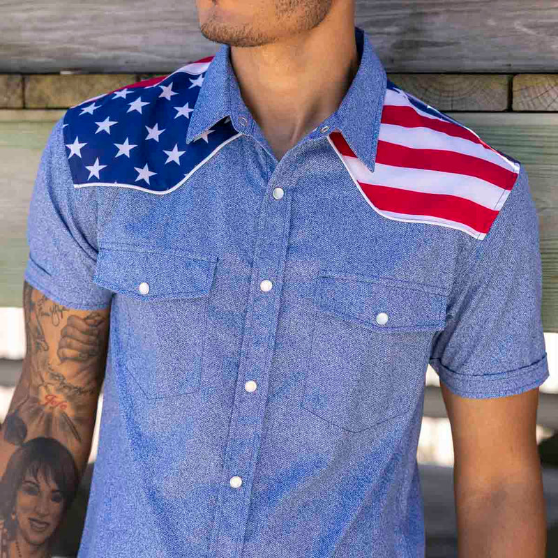 RSVLTS The Highway Man Roper Short Sleeve Shirt in Blue — front view