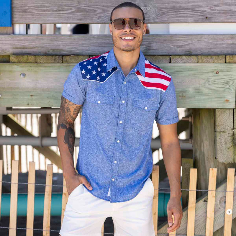 RSVLTS The Highway Man Roper Short Sleeve Shirt in Blue — detail 2