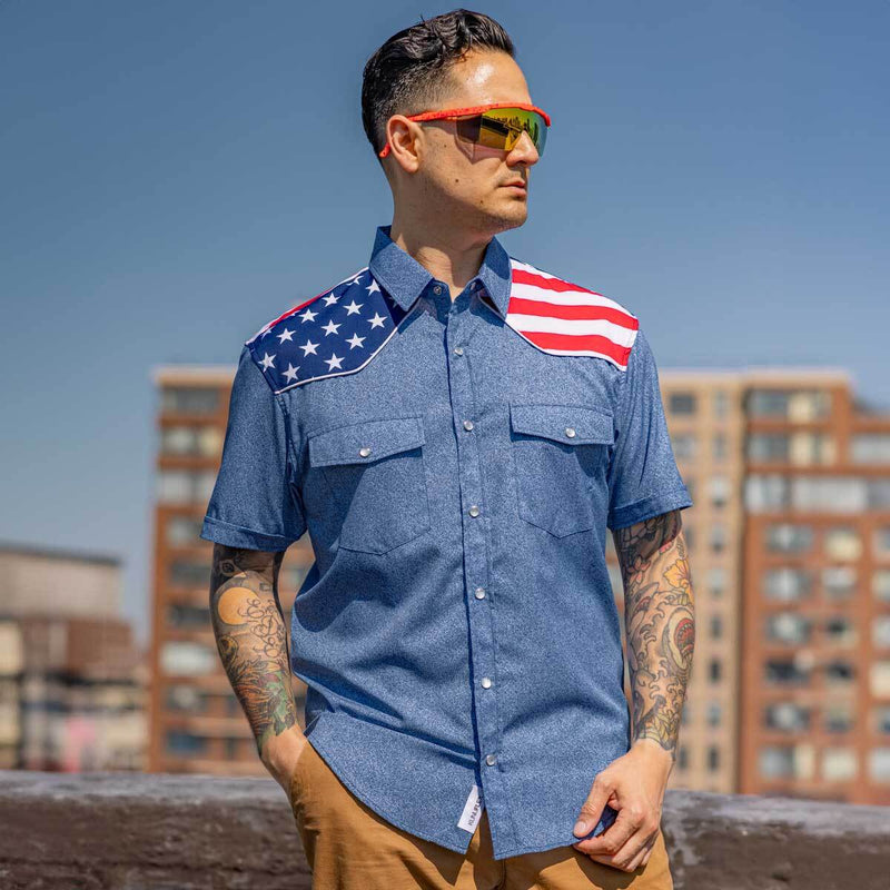 RSVLTS The Highway Man Roper Short Sleeve Shirt in Blue — detail 3