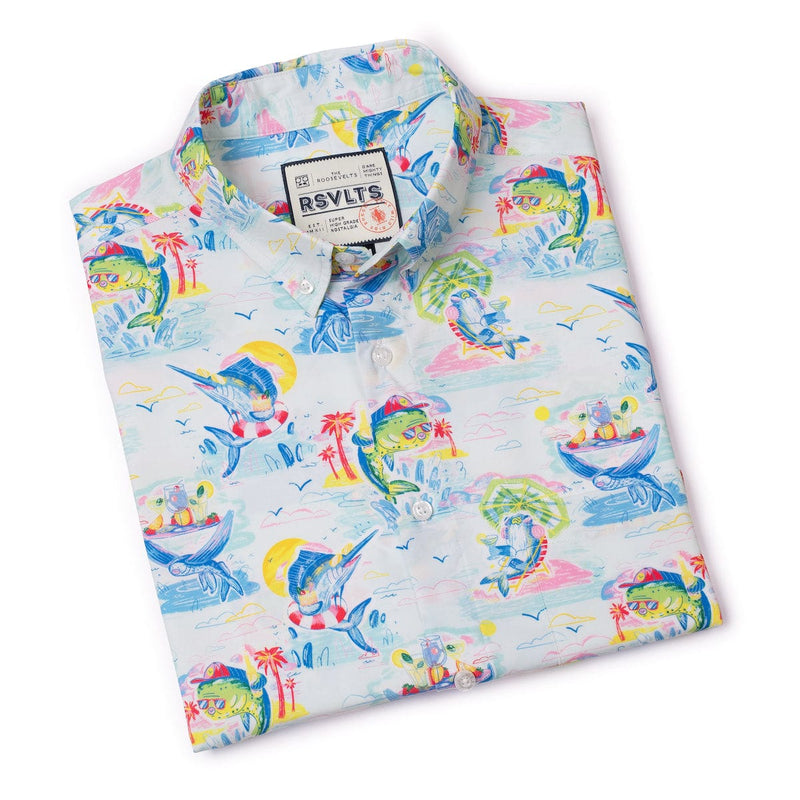 RSVLTS Drinking Like Fish KUNUFLEX Short Sleeve Shirt in Blue — detail 8