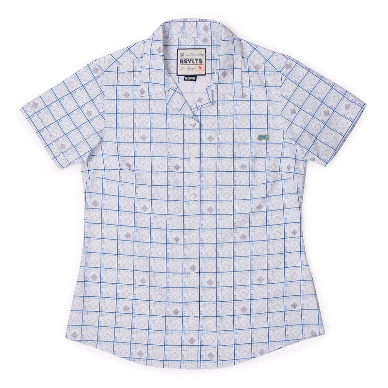 RSVLTS The Scorekeeper Women's KUNUFLEX Short Sleeve Shirt in Blue — front view