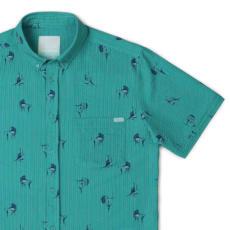 RSVLTS Sailfish Stretch Seersucker Short Sleeve Shirt in Green — detail 2