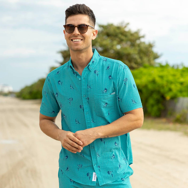 RSVLTS Sailfish Stretch Seersucker Short Sleeve Shirt in Green — detail 3
