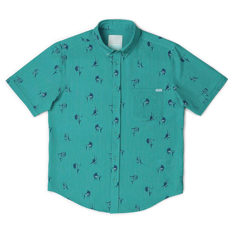 RSVLTS Sailfish Stretch Seersucker Short Sleeve Shirt in Green — detail 4