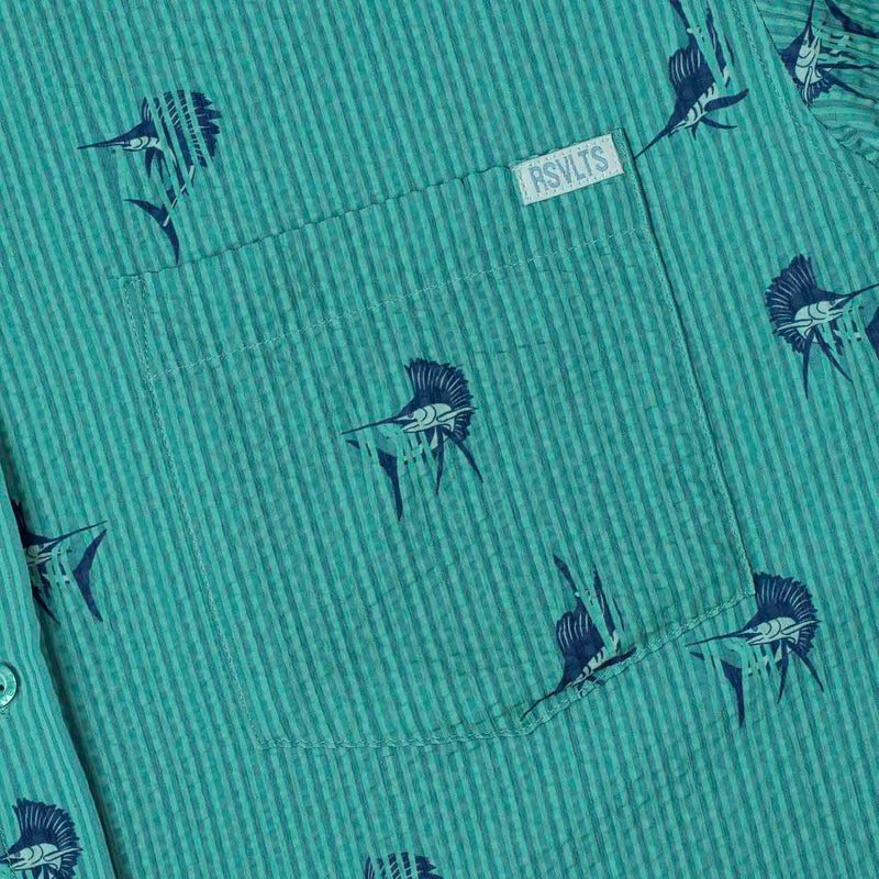 RSVLTS Sailfish Stretch Seersucker Short Sleeve Shirt in Green — detail 5