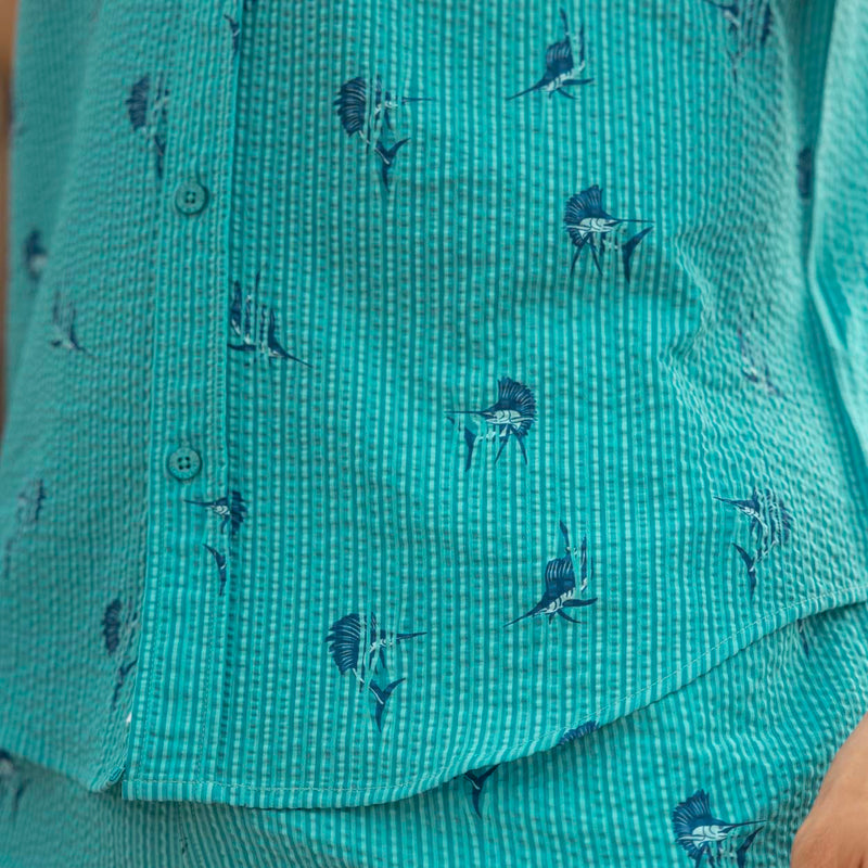 RSVLTS Sailfish Stretch Seersucker Short Sleeve Shirt in Green — detail 6