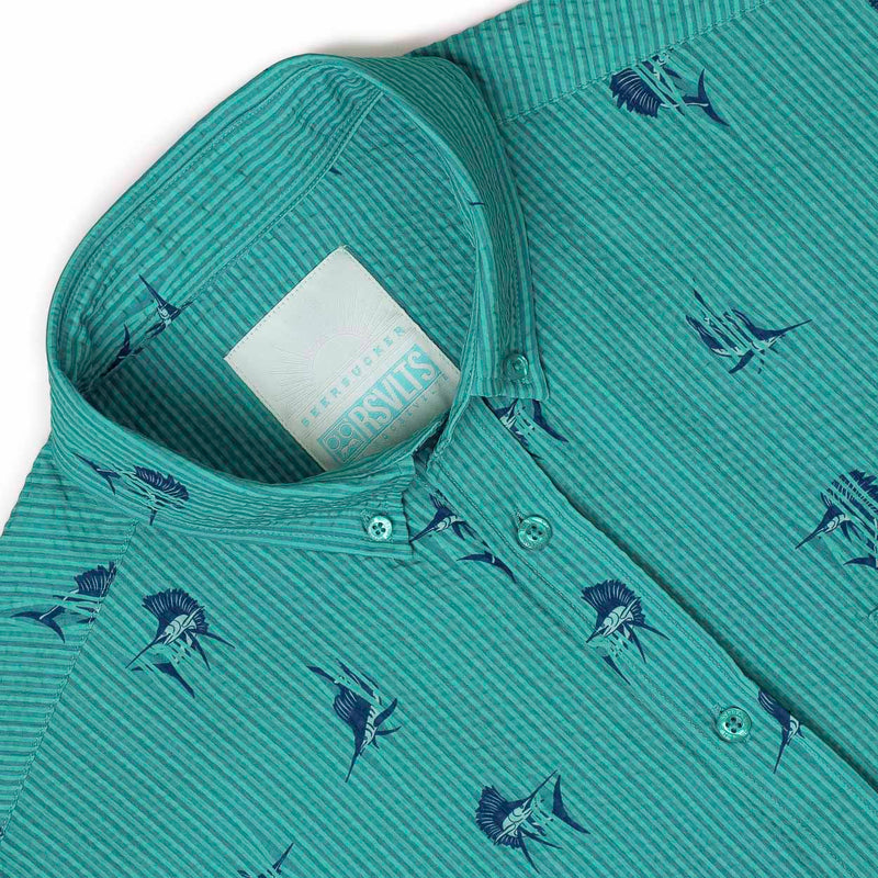 RSVLTS Sailfish Stretch Seersucker Short Sleeve Shirt in Green — detail 7