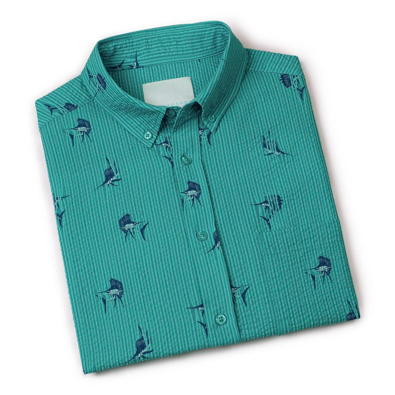 RSVLTS Sailfish Stretch Seersucker Short Sleeve Shirt in Green — detail 8