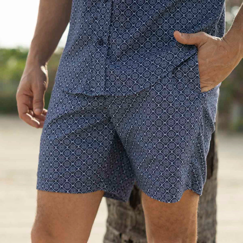 RSVLTS 'Roccan Tiles Bamboo Resort Shorts in Blue — detail 2