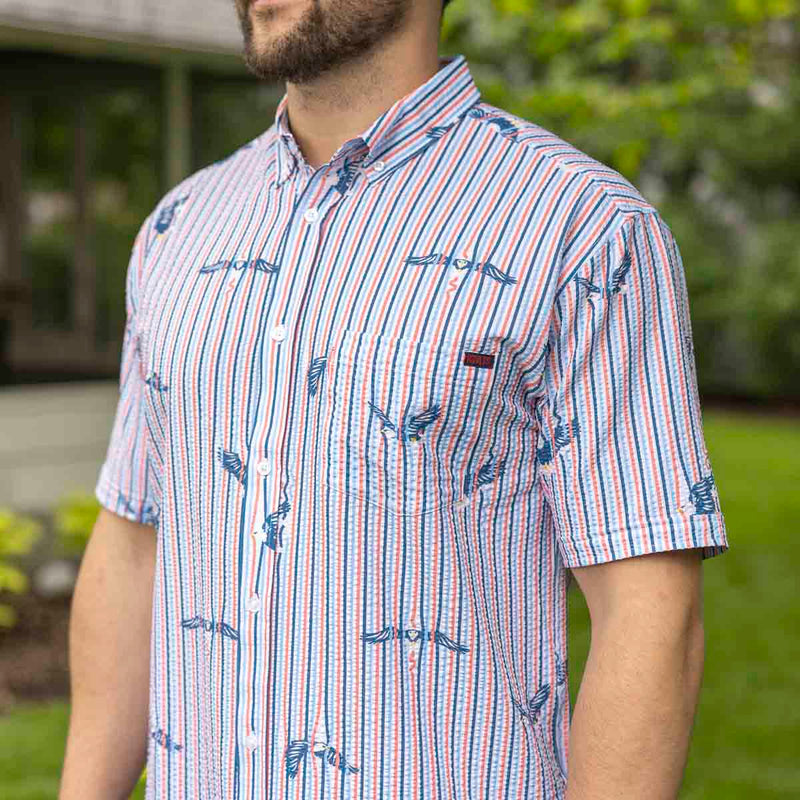 RSVLTS America's Got Talons Stretch Seersucker Short Sleeve Shirt in Blue — front view