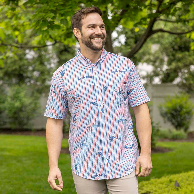 RSVLTS America's Got Talons Stretch Seersucker Short Sleeve Shirt in Blue — detail 3