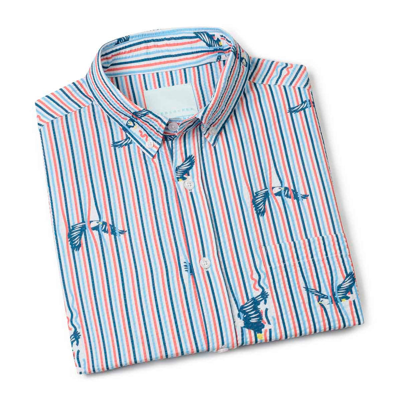 RSVLTS America's Got Talons Stretch Seersucker Short Sleeve Shirt in Blue — detail 8