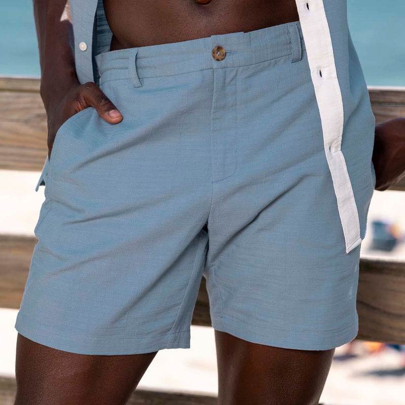 RSVLTS Ocean Mist Bamboo Resort Shorts in Blue — front view