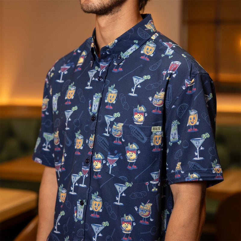 RSVLTS Let's All Go to the Lobby Bar KUNUFLEX Short Sleeve Shirt in Blue — front view