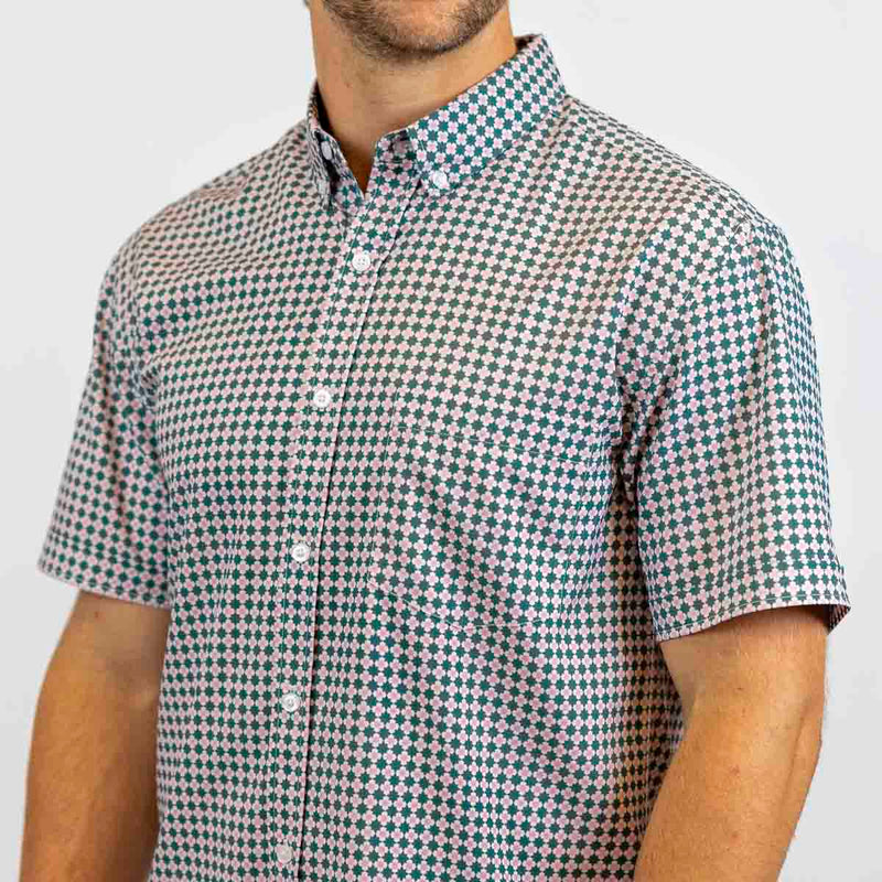 RSVLTS Quantum Quilt KUNUFLEX Short Sleeve Shirt in Green — front view