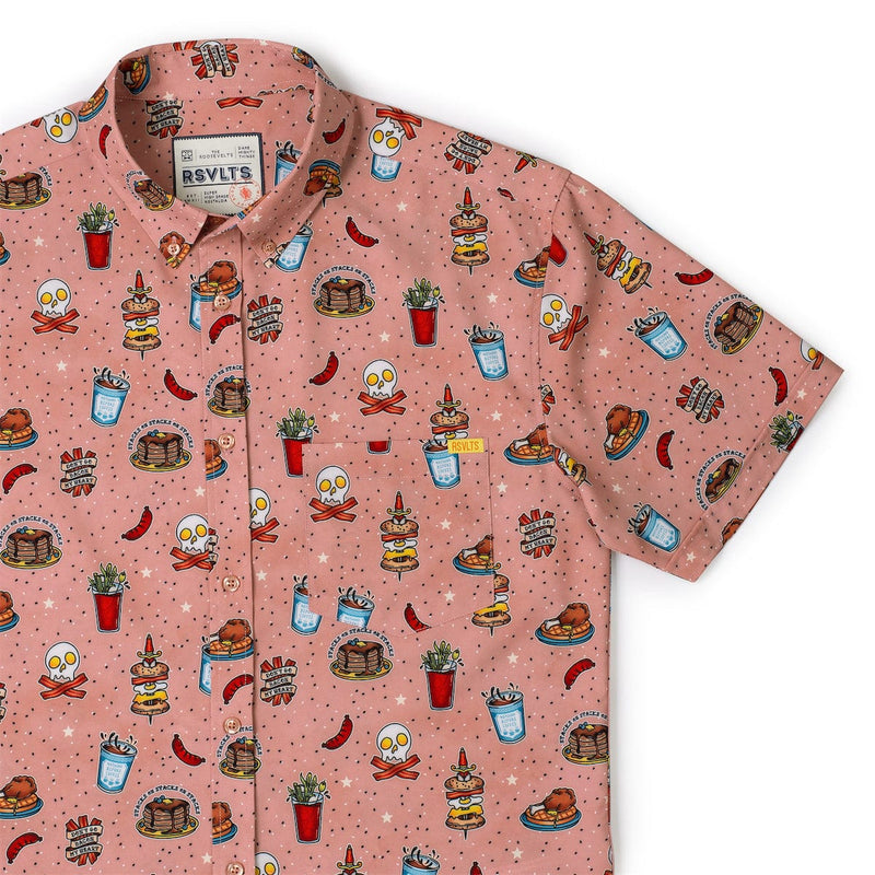 RSVLTS Bacon, Ink, and Cheese KUNUFLEX Short Sleeve Shirt in Red — front view