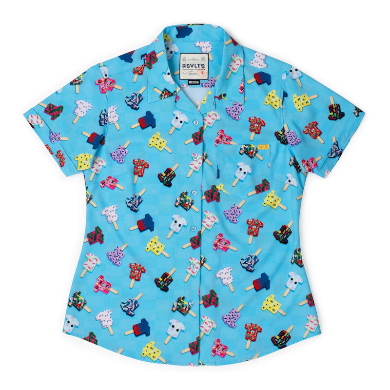 RSVLTS Kunu Pops Women's KUNUFLEX Short Sleeve Shirt in Blue — front view