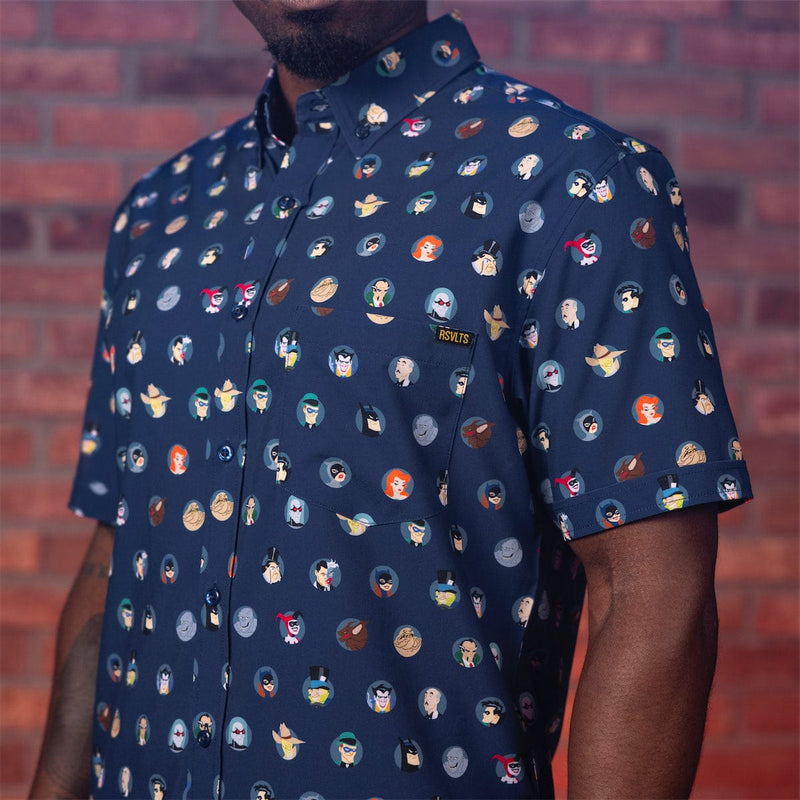 RSVLTS Villains & Vigilantes KUNUFLEX Short Sleeve Shirt in Blue — front view