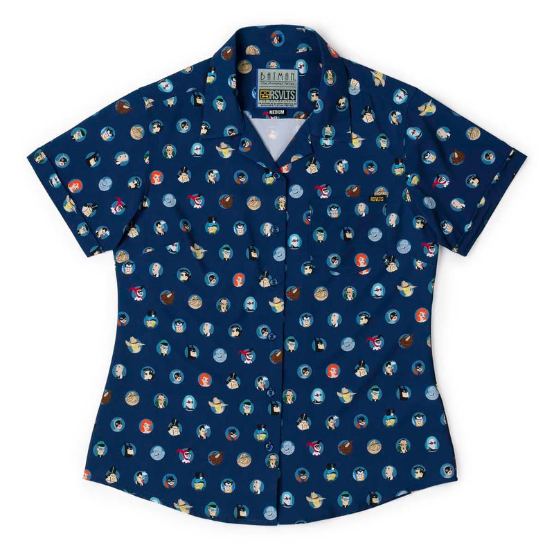 RSVLTS Villains & Vigilantes Women's KUNUFLEX Short Sleeve Shirt in Blue — front view