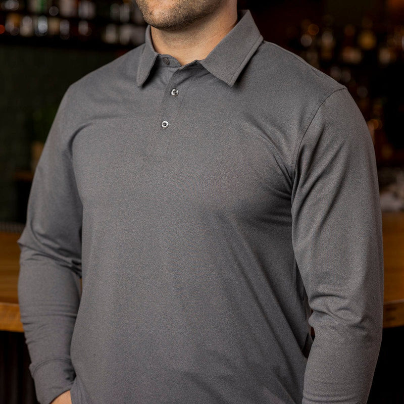 RSVLTS Iron Gate Melange Commuter Long Sleeve Polo in Gray — front view