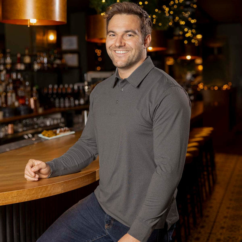 RSVLTS Iron Gate Melange Commuter Long Sleeve Polo in Gray — detail 3
