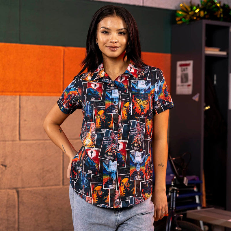 RSVLTS The Art of Four Women's KUNUFLEX Short Sleeve Shirt in Black — front view