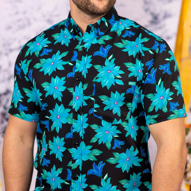 RSVLTS Moon Garden KUNUFLEX Short Sleeve Shirt in Black — front view