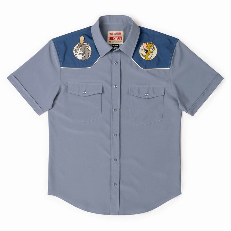 RSVLTS Game of Cat and Mouse Roper Short Sleeve Shirt in Blue — front view