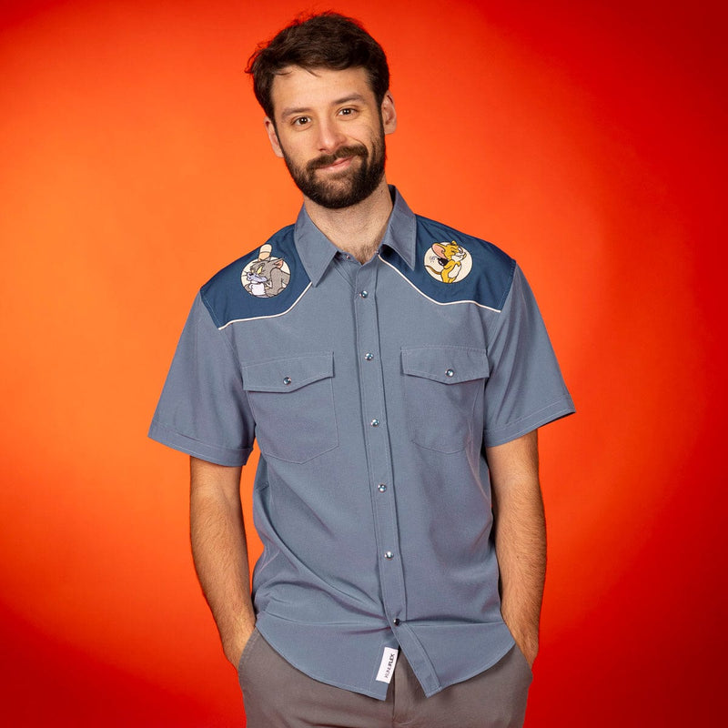RSVLTS Game of Cat and Mouse Roper Short Sleeve Shirt in Blue — detail 2
