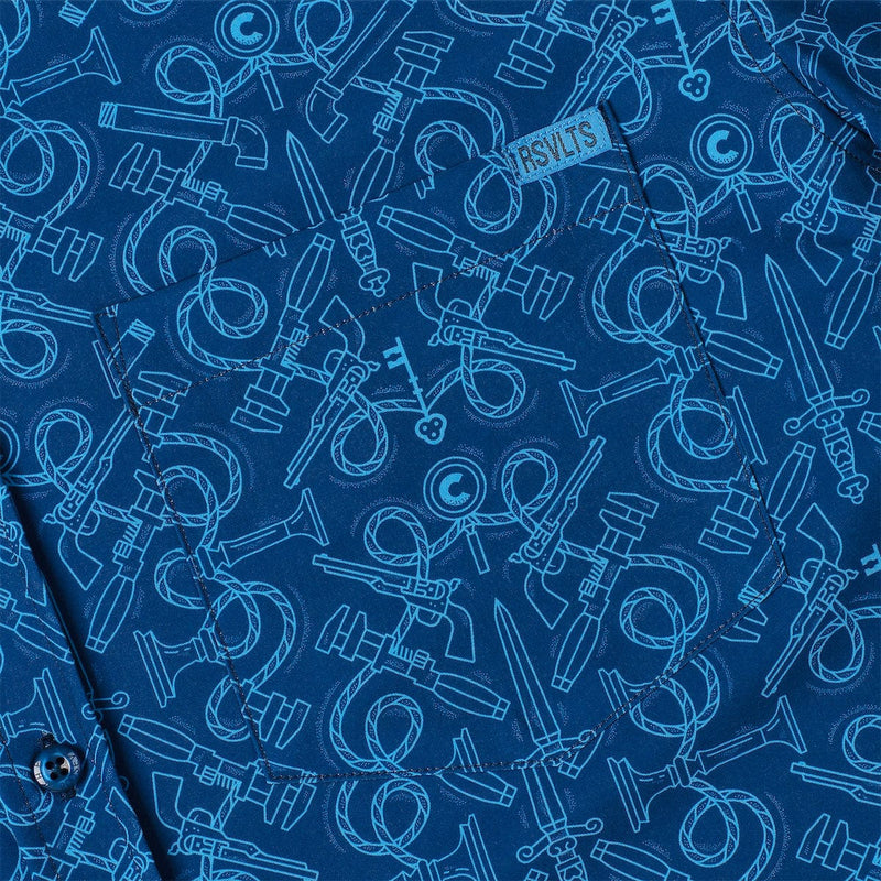 RSVLTS Choose Your Weapon KUNUFLEX Short Sleeve Shirt in Blue — detail 2