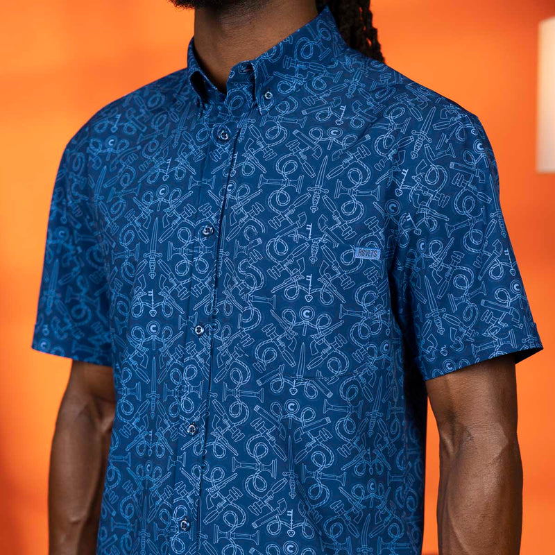 RSVLTS Choose Your Weapon KUNUFLEX Short Sleeve Shirt in Blue — detail 3