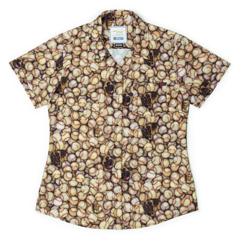 RSVLTS Now We Can Play Forever Women's KUNUFLEX Short Sleeve Shirt in Brown — front view