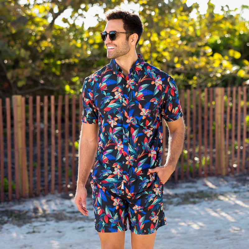 RSVLTS Vibrant Bloom KUNUFLEX Short Sleeve Shirt in Black — detail 2