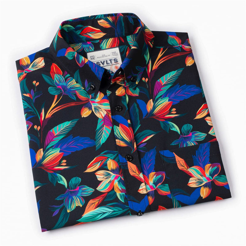 RSVLTS Vibrant Bloom KUNUFLEX Short Sleeve Shirt in Black — detail 5