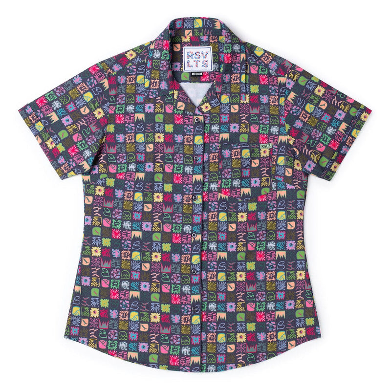RSVLTS Scribble Squares Women's KUNUFLEX Short Sleeve Shirt in Multicolor — front view