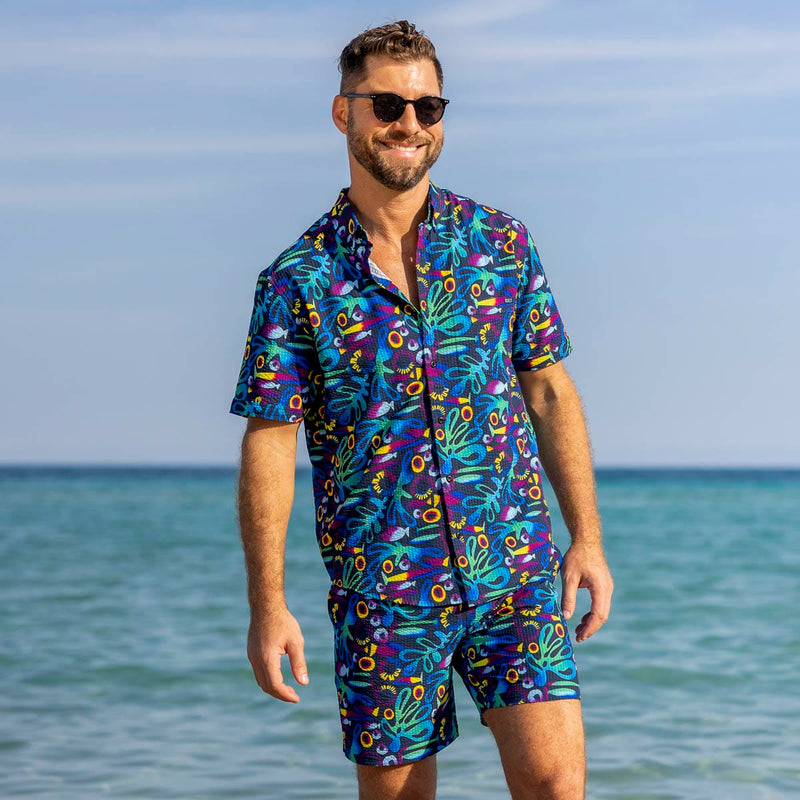 RSVLTS Rad Reef Stretch Seersucker Short Sleeve Shirt in Multicolor — detail 3