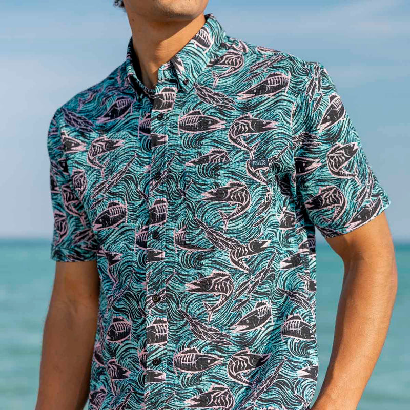 RSVLTS Fishies Stretch Seersucker Short Sleeve Shirt in Green — front view