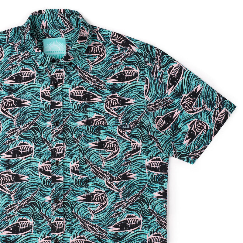 RSVLTS Fishies Stretch Seersucker Short Sleeve Shirt in Green — detail 2