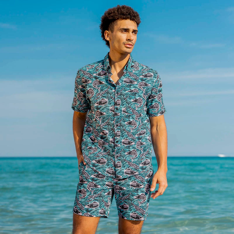 RSVLTS Fishies Stretch Seersucker Short Sleeve Shirt in Green — detail 3