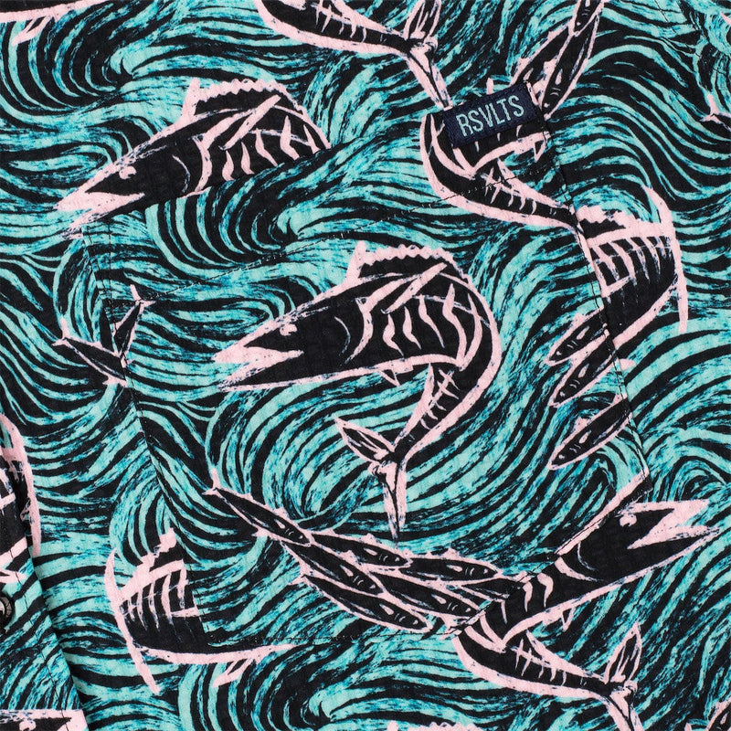 RSVLTS Fishies Stretch Seersucker Short Sleeve Shirt in Green — detail 4