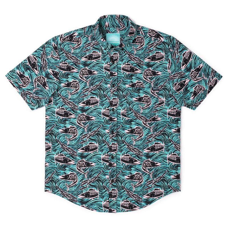 RSVLTS Fishies Stretch Seersucker Short Sleeve Shirt in Green — detail 5