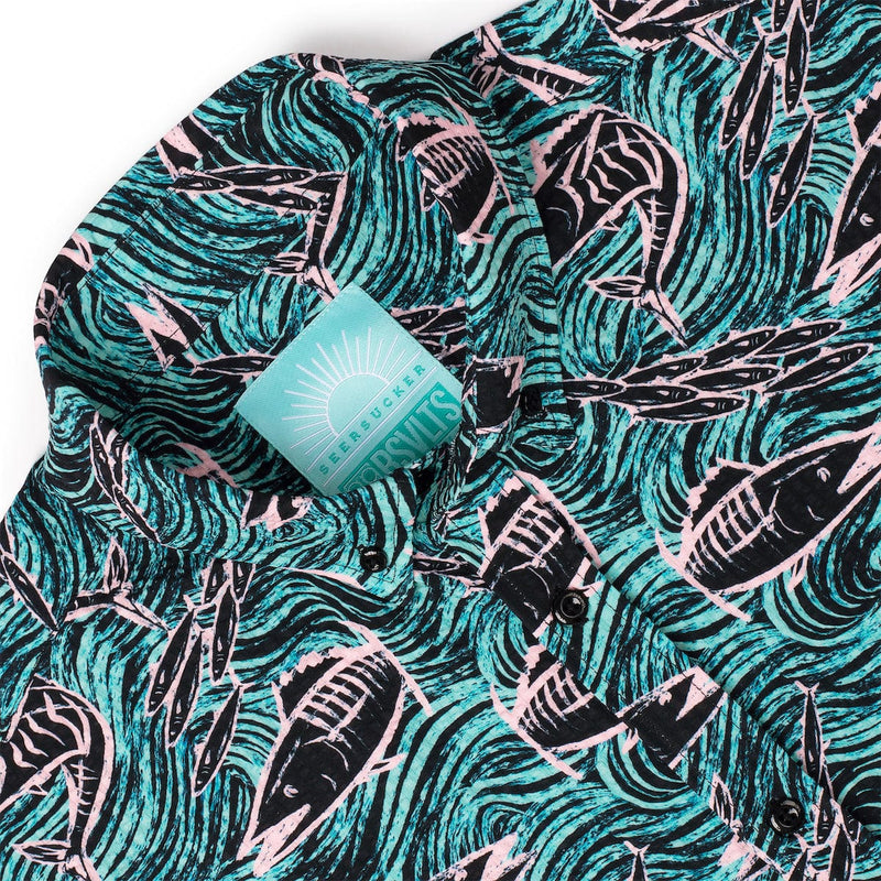 RSVLTS Fishies Stretch Seersucker Short Sleeve Shirt in Green — detail 6
