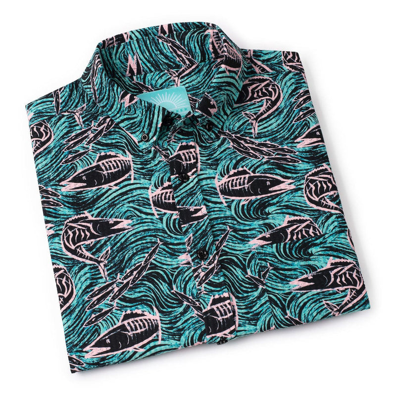 RSVLTS Fishies Stretch Seersucker Short Sleeve Shirt in Green — detail 8