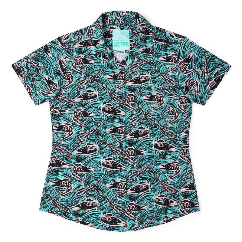 RSVLTS Fishies Women's Stretch Seersucker Short Sleeve Shirt in Green — detail 2