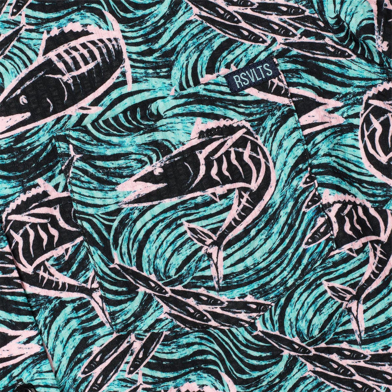 RSVLTS Fishies Women's Stretch Seersucker Short Sleeve Shirt in Green — detail 4